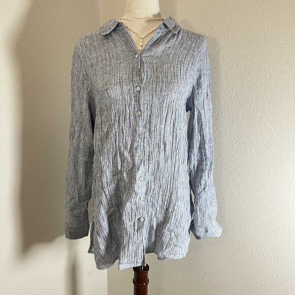 Tahari 100% Linen Sz M Button Down Tunic/Shirtdress Blue Roll Tab Sleeves